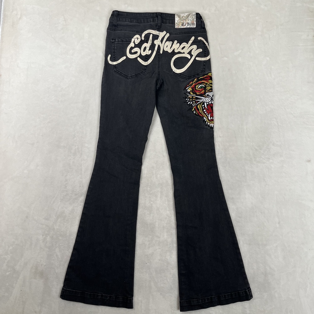 Ed Hardy Flare Jeans Womens 26 Gray Dark Wash Tiger Tattoo Embroidered Denim Y2K